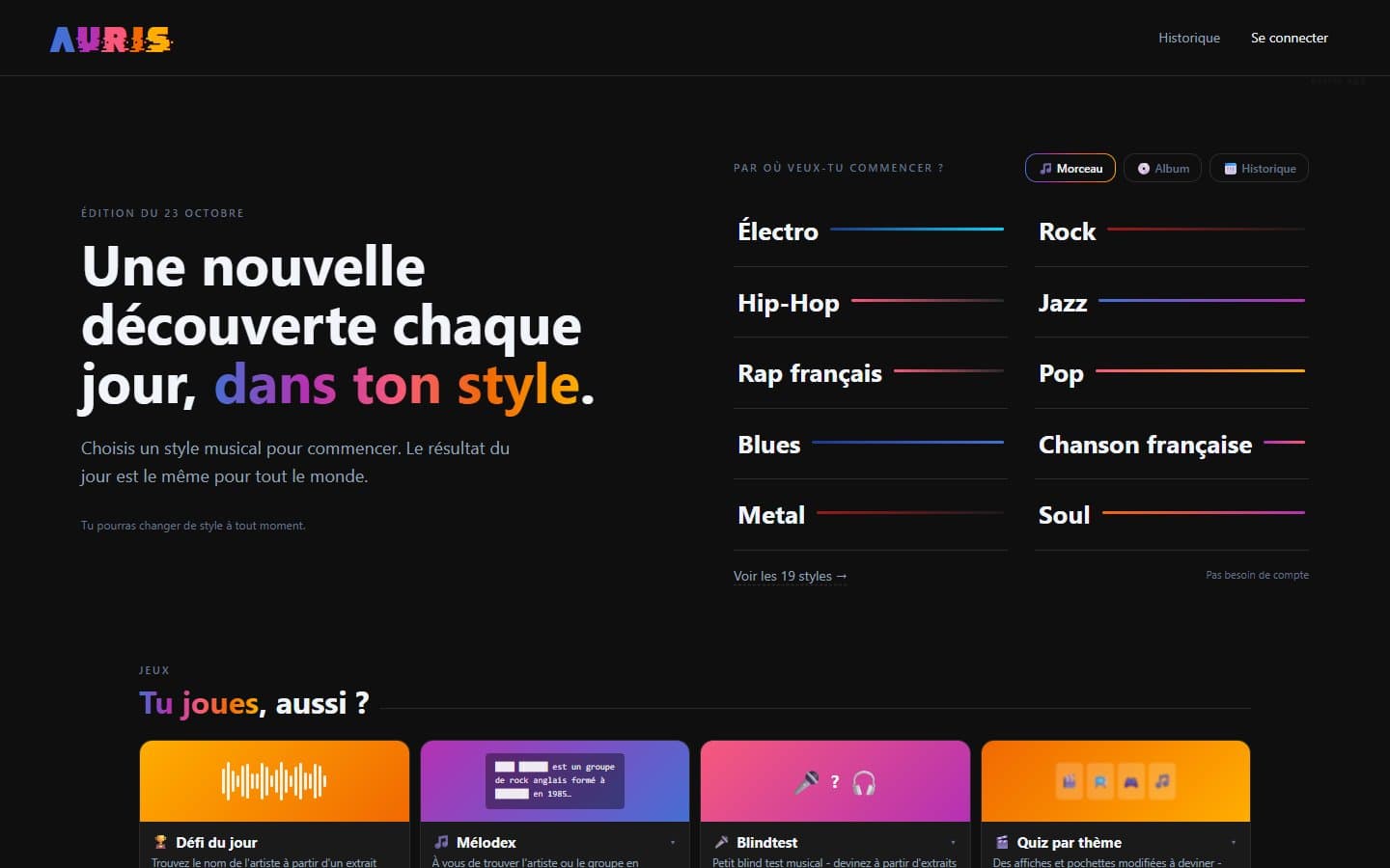 Accueil : choix du style pour la découverte du jour