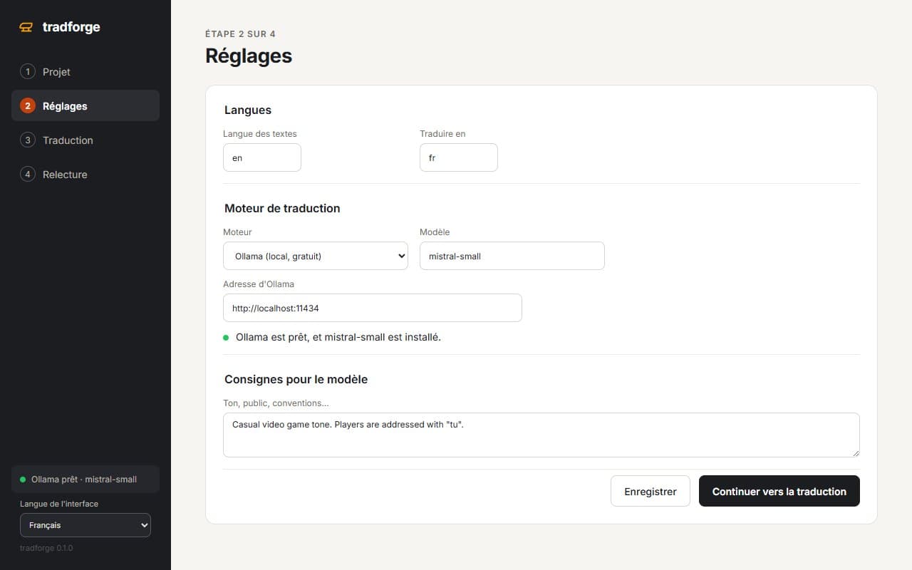 Les réglages : langues, moteur (ici Ollama en local) et consignes