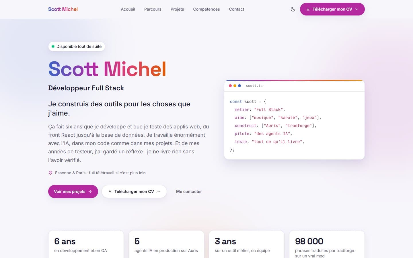 La page d'accueil du portfolio